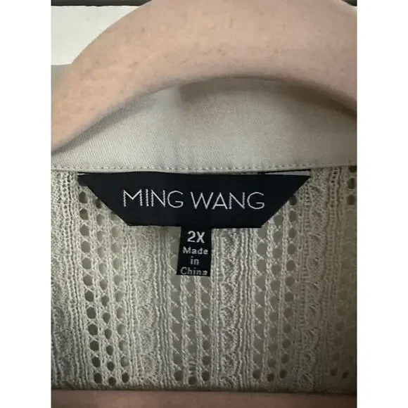 MING WANG Plus Size Tailored Moto Jacket Zip-Front Mixed-Media Mesh Limestone 2X - Picture 2 of 5